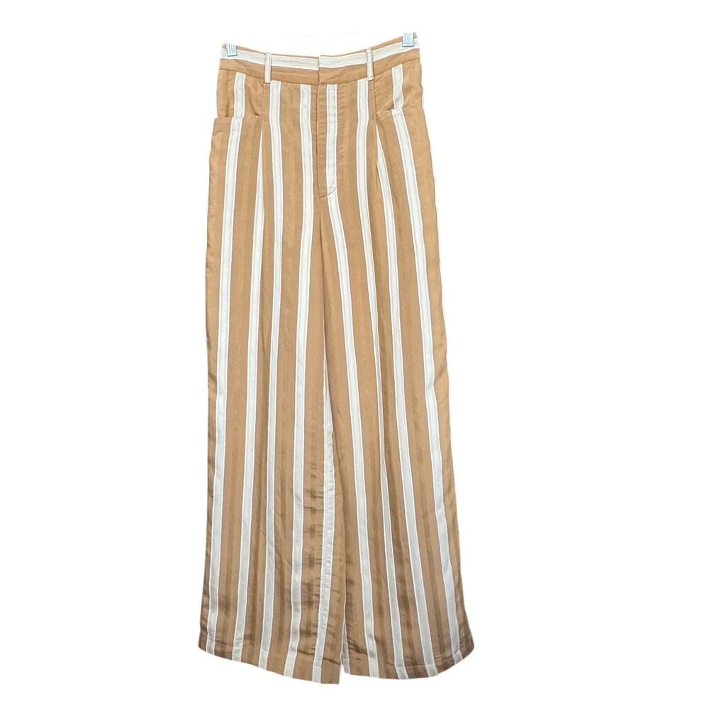 Zara High Waisted Striped Jacquard Trousers S NWT Toffee Ecru Wide Leg Pleated